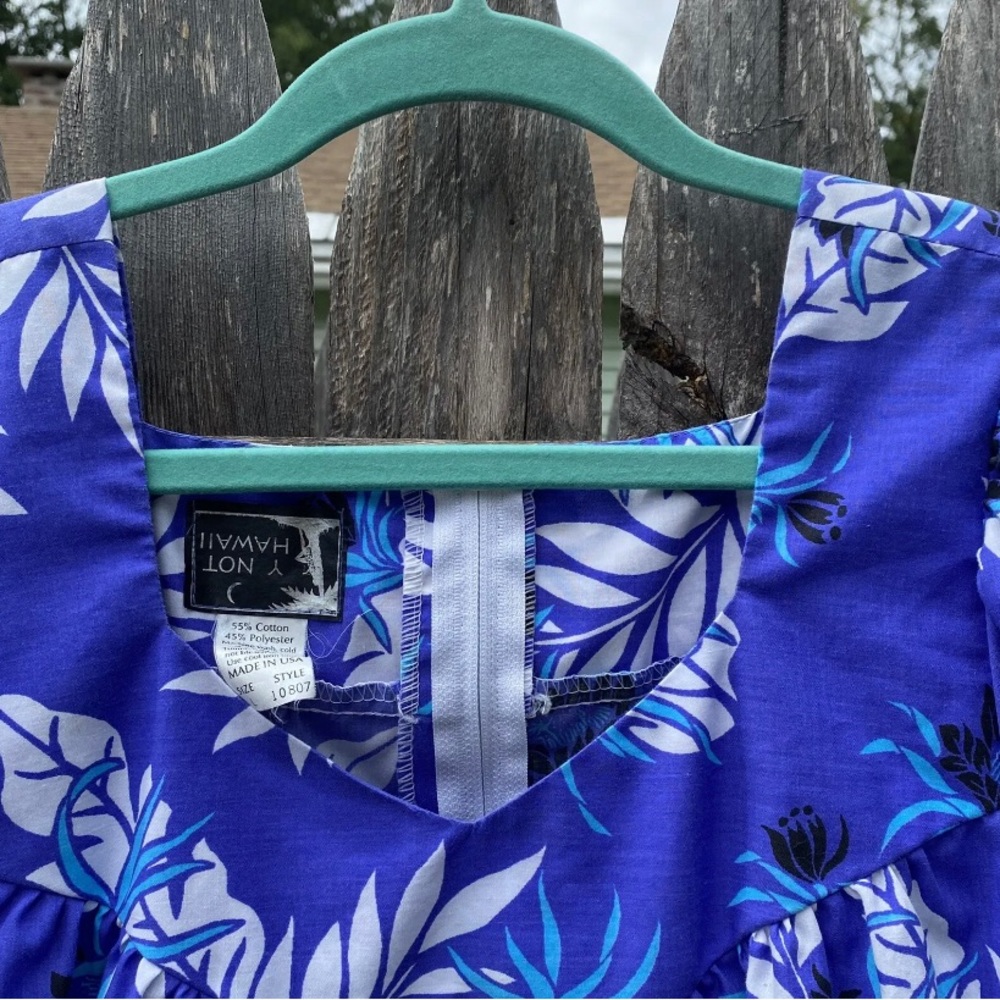 Vintage Y Not Hawaii Made in USA Floral Mumu Puff Sleeve Ruffle Hem Sz L - Picture 6 of 11